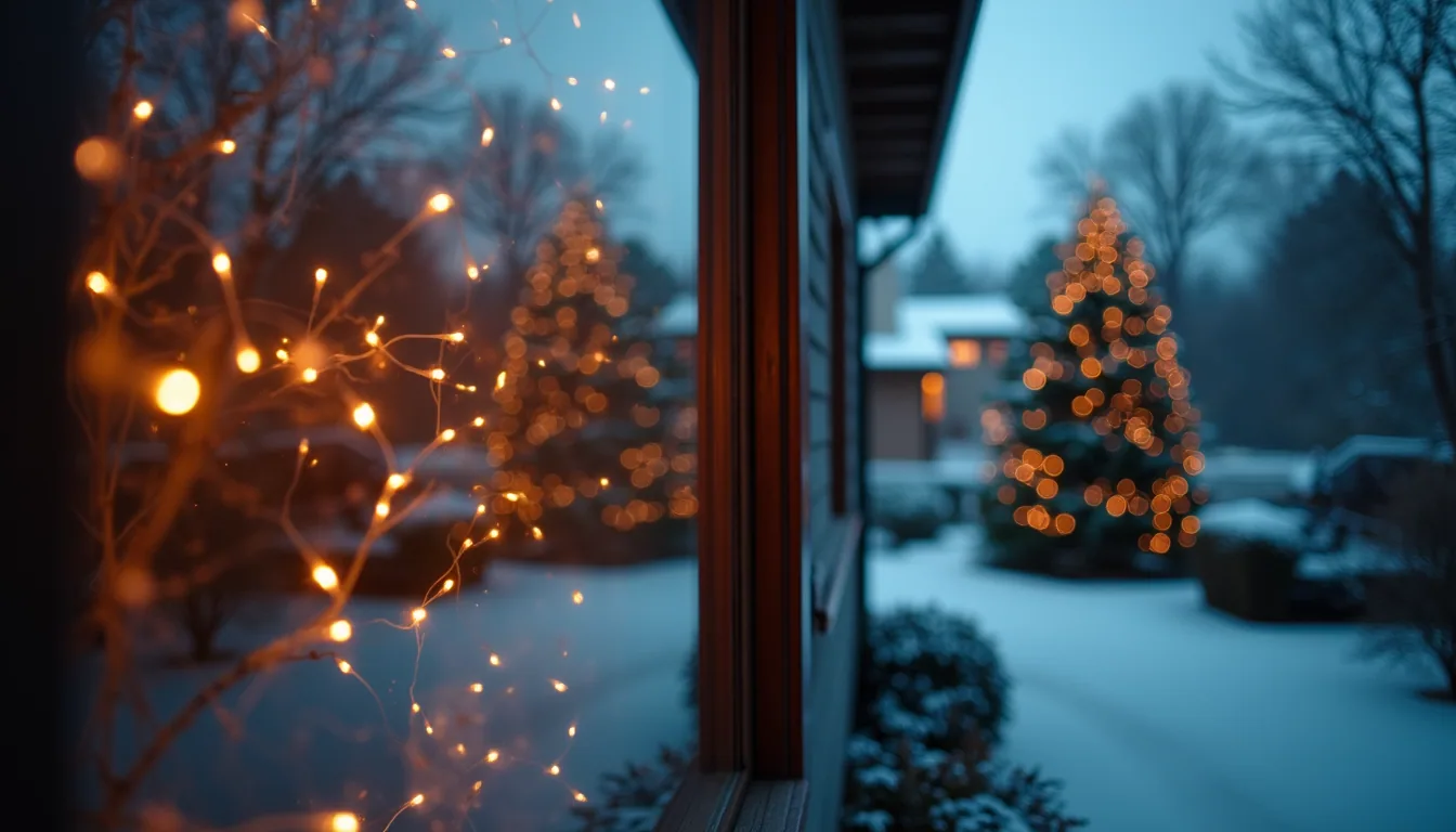 Close-up view of a clean window reflecting Christmas lights outside a home
