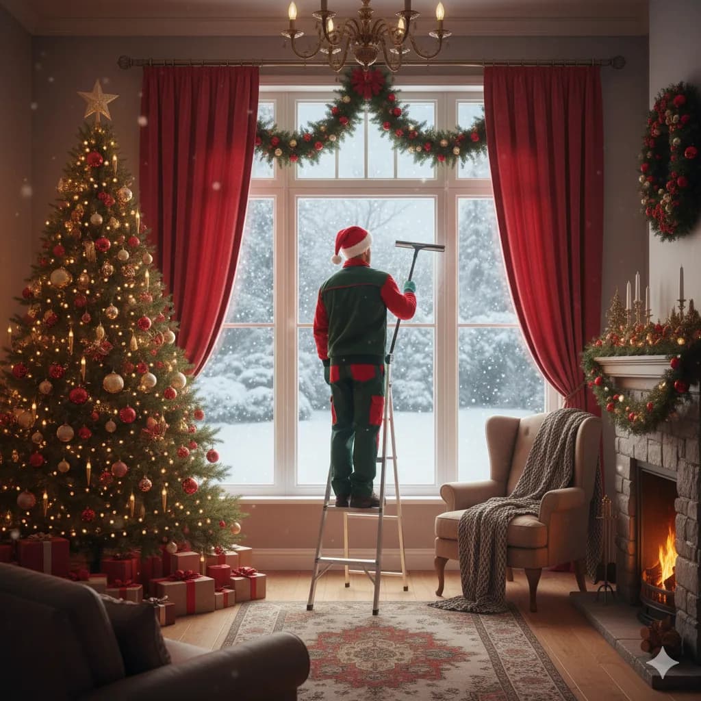 High angle view of a window cleaner using purified water system on a large window
