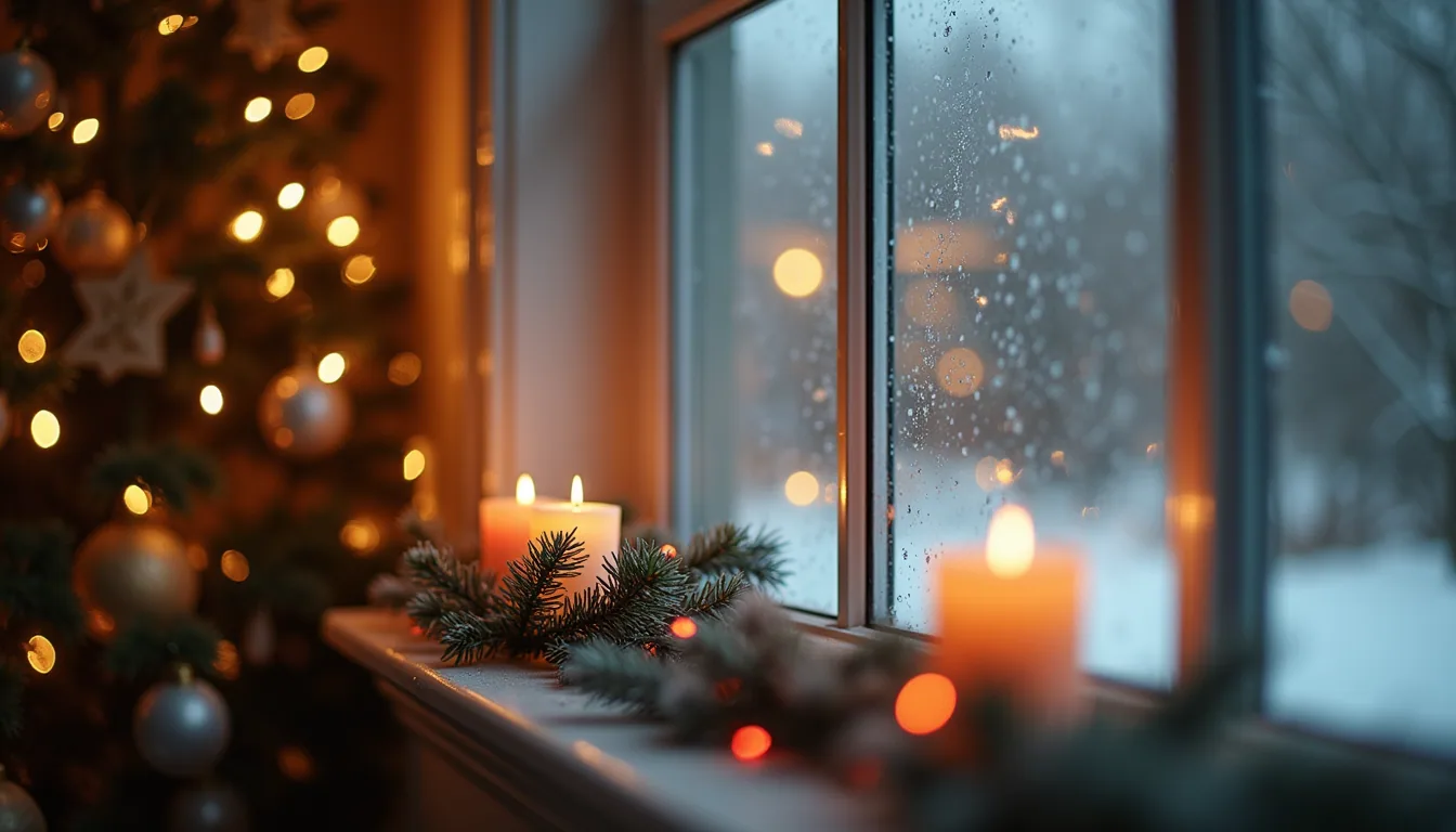 Eye-level view of a sparkling clean window with Christmas decorations visible inside