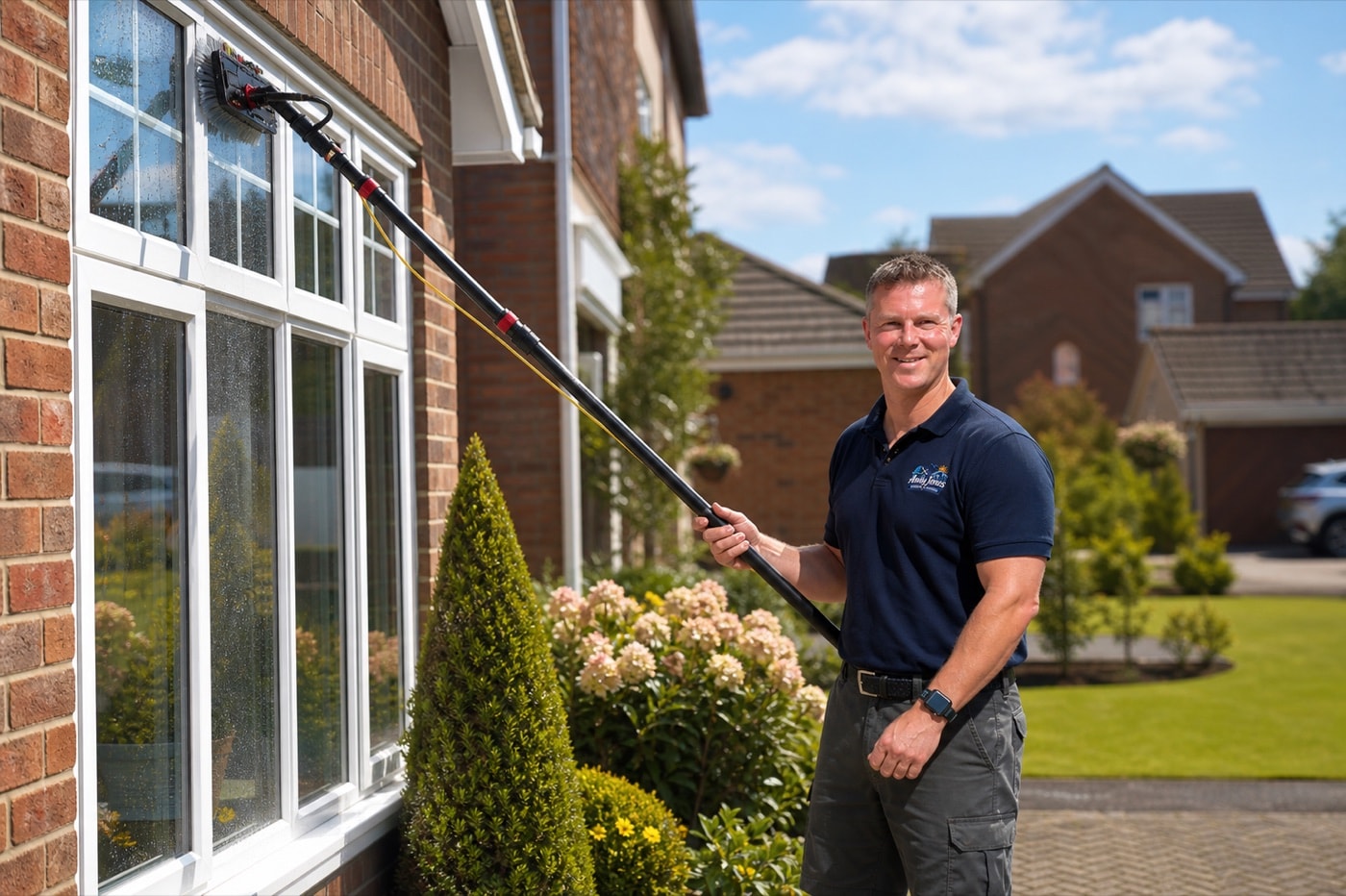 Andy Jones cleaning windows with a water-fed pole in Theale