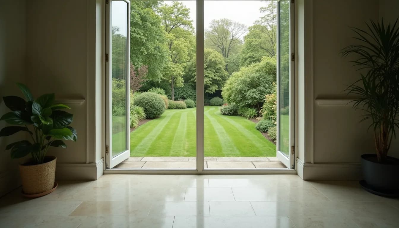 High angle view of a clean window overlooking a lush garden