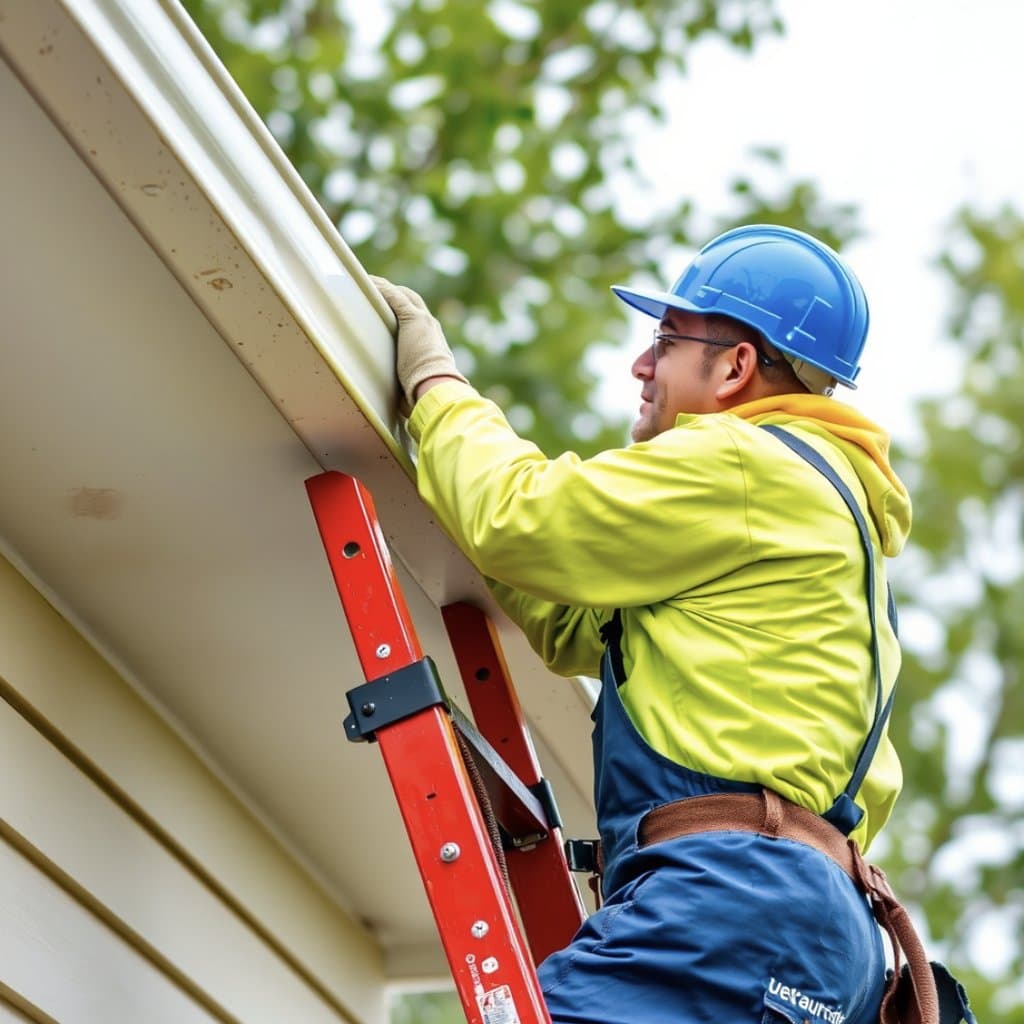 Technician repairing a gutter and fascia from a ladder