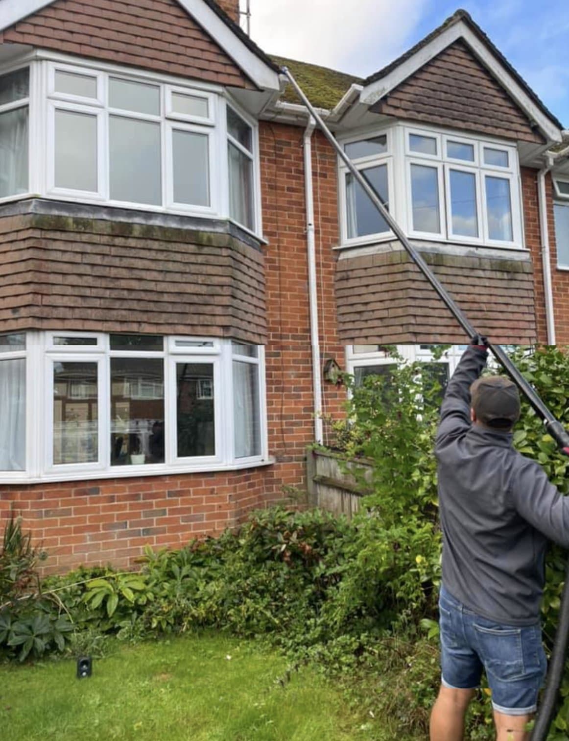 High-reach pole clearing moss and debris from a roofline gutter