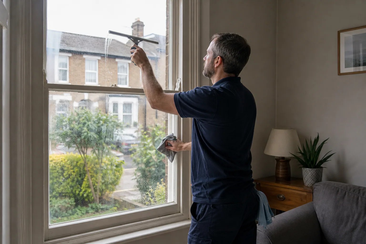 Cleaner hand-cleaning the inside of a sash window