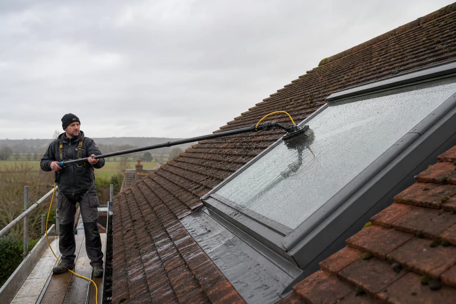 Professional cleaner washing a roof skylight with a water-fed pole